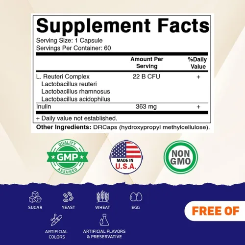 Miniatura 2 de Vitamatic Complejo Lactobacillus Reuteri – 22 mil millones de UFC por cápsula de liberación retardada – 60 cápsulas – Apoyo a la salud digestiva e