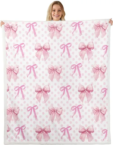 Miniatura 26 de Manta de franela con lazo rosa, manta de vellón con lazo en acuarela para decoración del hogar, sofá, sofá, manta de forro polar kawaii de dibujos