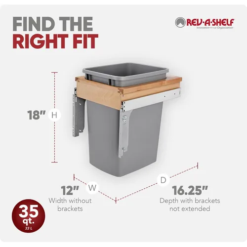 Miniatura 3 de Rev-A-Shelf Basurero de cocina extraíble individual para debajo del gabinete, 35 cuartos de galón con profundidad reducida, toboganes de extensión