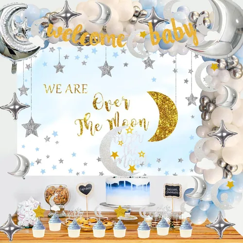 Miniatura 6 de 154 piezas de decoración de baby shower sobre la luna, Fiesec We Are Over The Moon Baby Shower, decoración de telón de fondo de globos, guirnalda
