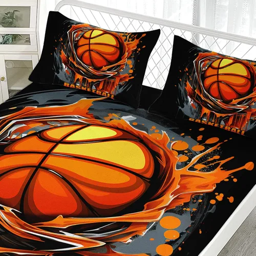 Miniatura 4 de AILONEN Juego de sábanas deportivas de baloncesto de dibujos animados de 3 piezas para niños tamaño completo, juego de sábanas de cama de baloncesto