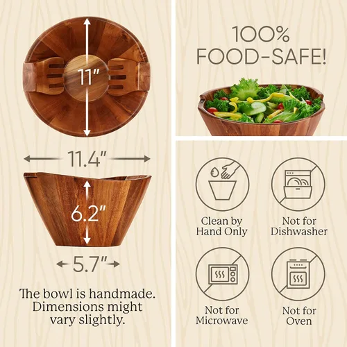 Miniatura 2 de Night Tree Ensaladera grande de madera con tenedores para servir, juego de ensaladera de madera para alimentos o frutas, utensilios magnéticos aptos