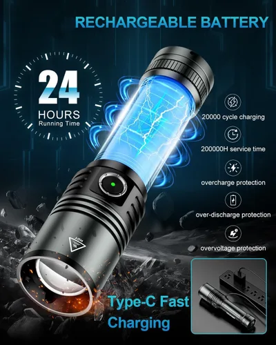 Miniatura 7 de Linterna LED recargable con lente de encendido, linternas EDC de 1500 lúmenes, 5 modos con zoom, tipo C, linternas tácticas de mano de alta potencia
