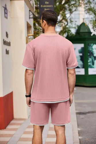 Miniatura 15 de COOFANDY Conjunto de camisa y pantalones cortos de gofre para hombre, conjunto de 2 piezas, conjunto casual de verano con bolsillos