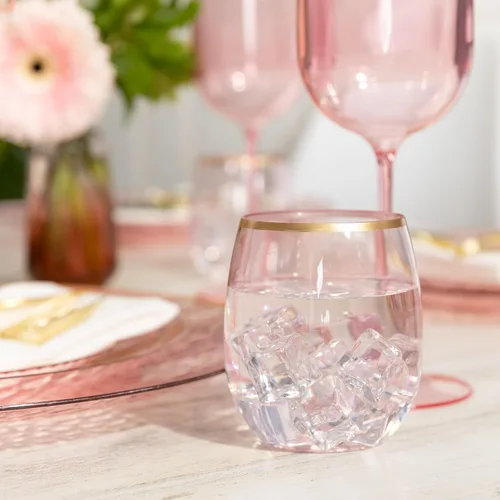 Miniatura 2 de PLASTICPRO Paquete de 6 Copas de Vino de Plástico Rosa con Borde Dorado Sin Tallo Desechables de 12 oz Sin BPA Irrompibles Vasos de Plástico Copas