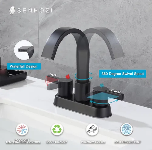 Miniatura 4 de SUS304 - Grifos de baño negro mate para fregadero de 3 agujeros, 4 pulgadas, grifo de cascada con drenaje emergente y 2 mangueras de suministro