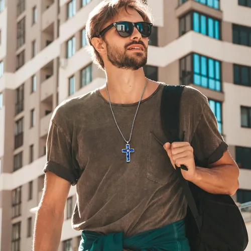 Miniatura 15 de Collar de cruz para hombre, piedras preciosas de color piedra natal de circonita cúbica, collar de acero inoxidable para hombre, cadena de 24