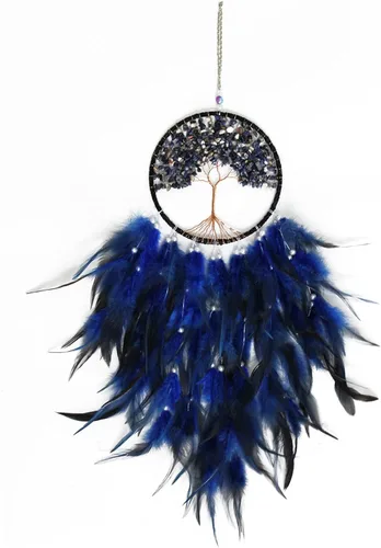 Miniatura 10 de Pretty Jolly Atrapasueños de árbol de la vida azul aguamarina, decoración de pared con piedra de cristal curativo, hecha a mano, plumas azules