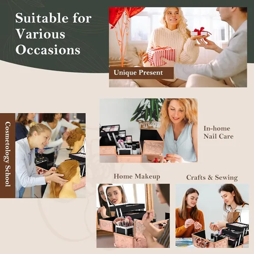 Miniatura 4 de FRENESSA Estuche de Maquillaje de 11.8 Pulgadas Estuche Organizador de Maquillaje Caja Grande de Cosméticos con Espejo Portátil 3 Bandejas Caja