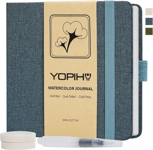 Yopih Artists - Cuaderno de bocetos de acuarela de lino premium, cuaderno de acuarela de 5.5" x 5.5" con papel de algodón prensado en frío de Azul