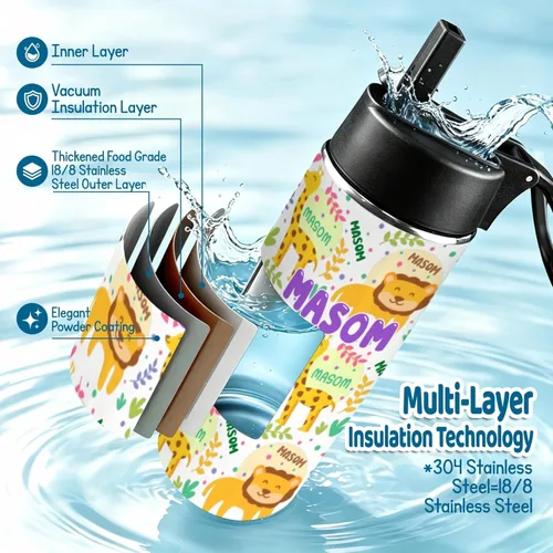 Miniatura 6 de Personalized Kids Water Bottle with Name, 18oz Insulated Stainless Steel Straw, Leak Proof BPA-Free Water Bottle for School, Sports & Travel, Custom