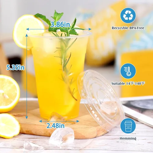 Miniatura 2 de TashiBox vasos de plástico con tapas [20 oz 100 vasos y 100 tapas planas], vasos desechables de plástico transparente de cristal, vasos para batidos