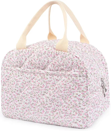 Miniatura 18 de Lonchera acolchada de algodón aislada, bonita bolsa acolchada con estampado floral, reutilizable, aislada, coqueta, de gran capacidad, hielera