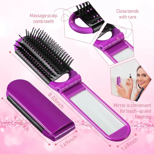 Miniatura 4 de Chunful 30 cepillos plegables para el cabello con espejo, cepillo de viaje para mujeres y hombres, tamaño mini de bolsillo portátil, cepillo pequeño