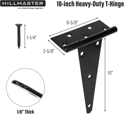 Miniatura 4 de HILLMASTER Bisagras de puerta de cobertizo de 10 pulgadas con correa en T resistentes, bisagras de correa en T para puertas, bisagra en T negra