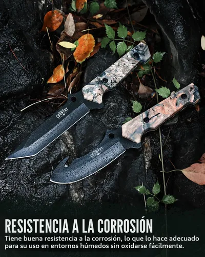 Miniatura 4 de Mossy Oak Juego de cuchillos de caza de hoja fija, 2 piezas, mango de espiga completa, borde recto y cuchillas de gancho intestinal, cuchillo