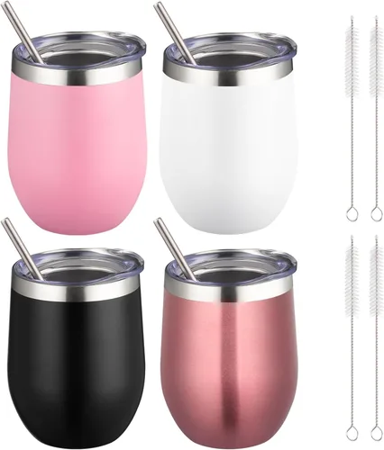 Miniatura 26 de Vaso de vino aislado de 12 onzas con tapa y pajita, vaso de vino de acero inoxidable sin tallo de doble pared, vaso de vino al vacío a granel