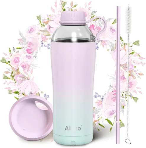 Miniatura 19 de Bow - Botella de agua aislada para mujeres, botellas de agua de acero inoxidable de 18 oz, de doble pared, 2 tapas (para beber y vaso) - Hidrata