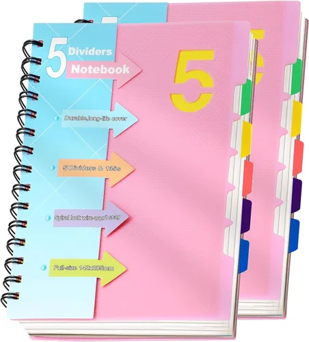 Miniatura 13 de CAGIE- Cuaderno pequeño universitario con tapa en espiral, A5 de 5 x 7 pulgadas, con pestañas separadoras extraíbles para 5 materias, 220 páginas