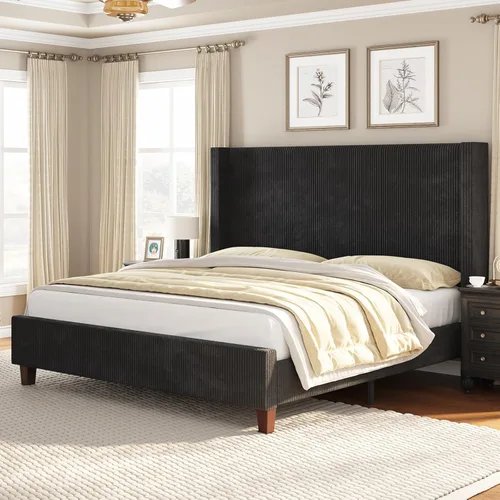 Miniatura 12 de VanAcc Base de cama de plataforma tamaño Queen, cama tapizada de pana de 50.8 pulgadas con cabecera capitonada de canal vertical, listones de Crema