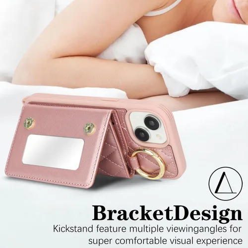 Miniatura 4 de Funda para iPhone 14 con tarjetero y correa para mujer, cordón cruzado, espejo de maquillaje, soporte de anillo, cierre a presión, bonitas fundas