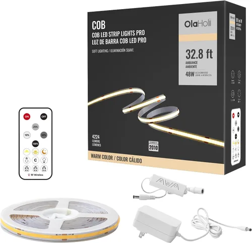 Miniatura 11 de Tira de luz LED COB de 32.8 pies con control remoto, 4000K Ra93+ regulable brillante luz LED COB tira de luz blanca continua para espejo, escalera