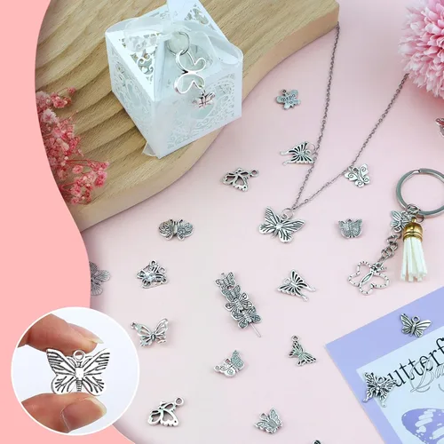 Miniatura 4 de JIALEEY Dijes de mariposa para hacer joyas y manualidades, 60 dijes de mariposa chapados en plata tibetana, aleación, Aleación.