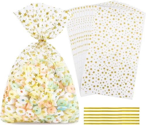 Miniatura 12 de 100 bolsas de celofán, bolsas de celofán transparente de 4 x 6 pulgadas, 100 lazos dorados, para galletas, chocolate, panadería, recuerdos