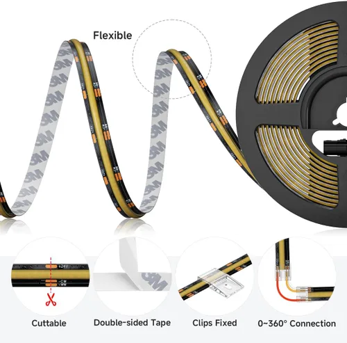 Miniatura 7 de BTF-LIGHTING FCOB COB - Tira de luces LED CCT IP65, flexible, de alta densidad, 16.4 pies, 640LED/m, sintonizable, 3000K-6000K DC12V CRI 90+, cinta