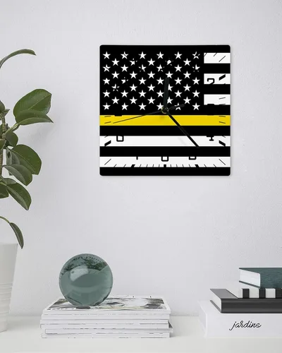 Miniatura 3 de Reloj de pared de madera con bandera de línea amarilla fina, silencioso, sin tictac, bandera estadounidense, rayas amarillas, reloj de pared