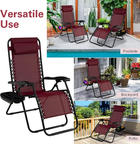 Miniatura 8 de Goplus Sillas de salón Zero Gravity, reclinables plegables ajustables en 160° con almohada y soporte para tazas, cómodas sillas de descanso de 350