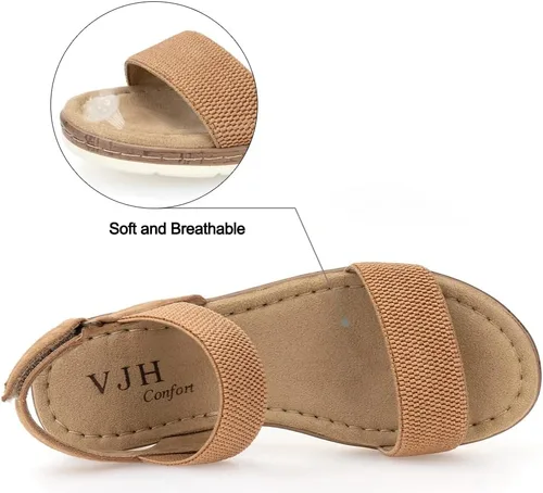 Miniatura 3 de VJH confort Sandalias planas para mujer, puntera abierta, correa elástica en el tobillo, sandalias cómodas de cuña baja