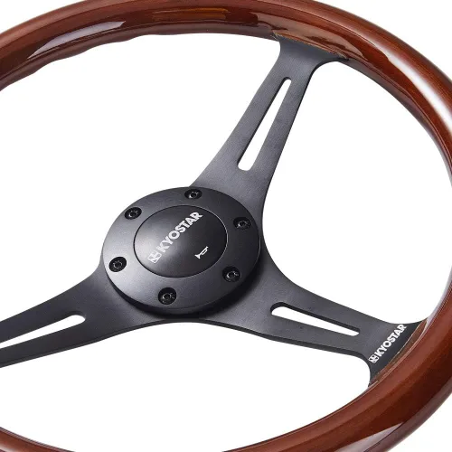 Miniatura 5 de Volante universal Kyostar de 14 pulgadas, estilo clásico Grant Nostalgia, grano de madera, negro, con botón de bocina