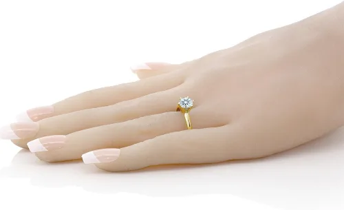 Miniatura 15 de Anillo de compromiso solitario con piedra preciosa redonda de oro amarillo de 14 quilates de 0.236 in para mujer Ajuste clásico de 6 puntas