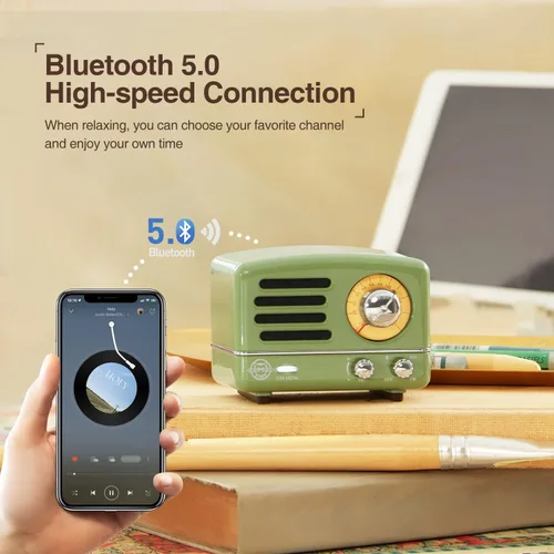 Miniatura 4 de Muzen Altavoz Bluetooth portátil, pequeño altavoz inalámbrico vintage de metal OTR, radio FM retro con antena AUX, audio estéreo de alta fidelidad