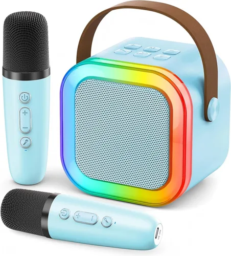Miniatura 12 de IROO - Máquina de karaoke para niños y adultos, minialtavoz Bluetooth portátil con 2 micrófonos inalámbricos y luces de fiesta, para celular, regalo