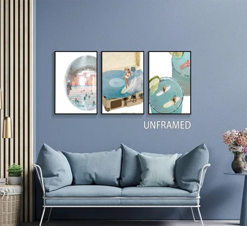 Miniatura 7 de 3 piezas de lienzo azul de moda preppy arte de pared retro de bola de discoteca estética bar carro póster impreso ilustraciones azul costero niña
