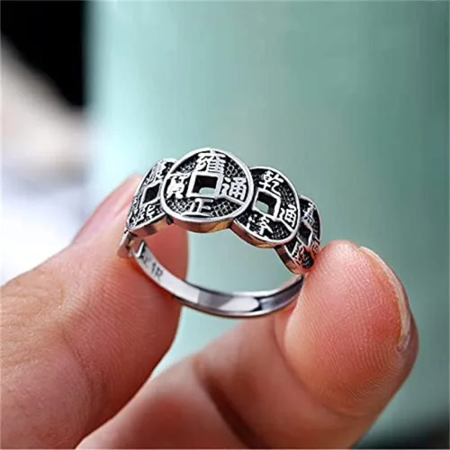 Miniatura 6 de Anillo de cobre Wufu con moneda de cinco emperadores, anillo de plata con índice retro de la suerte, anillo vintage ajustable para hombres