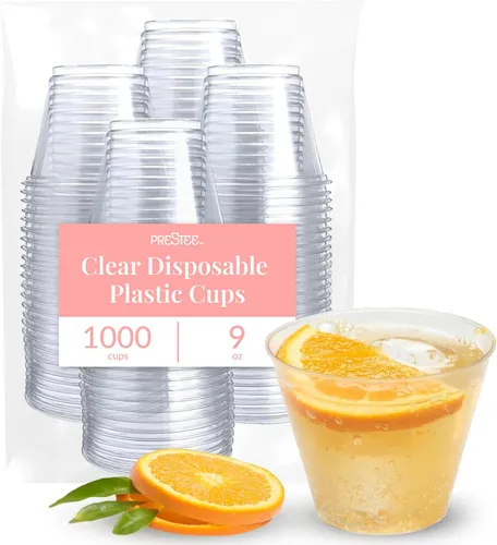 Miniatura 15 de Prestee Paquete de 100 vasos de plástico desechables con borde dorado de 9 onzas para embutidos, bodas, fiestas y eventos, elegantes tazas de cóctel
