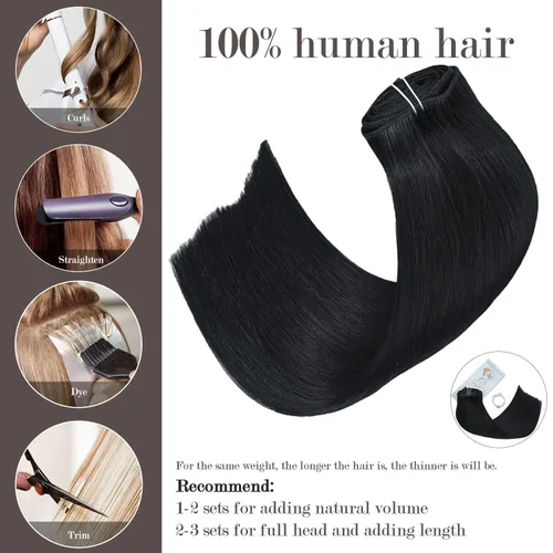 Miniatura 2 de Honsoo 120g Extensiones de cabello humano real con clip, color negro azabache para mujeres negras, 14 pulgadas, 7 piezas, extensiones de cabello