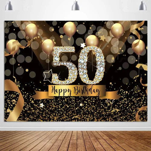 Miniatura 4 de Sensfun Fondo de fotografía para fiesta de cumpleaños número 50 de 7 x 5 pies, con purpurina, globos negros y dorados para mujer, fabulosa