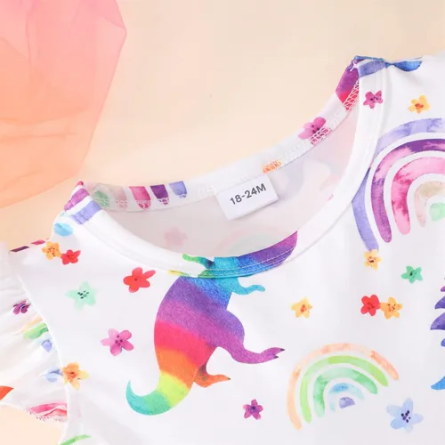 Miniatura 4 de Vestido de verano para niñas pequeñas Lindo patrón de girasol de dinosaurio, vestido casual de verano con volantes y mangas de mariposa