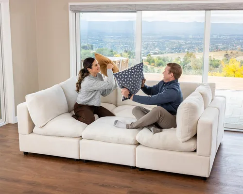 Miniatura 5 de VANOMi Sofá modular, cómodo sofá con marco de madera maciza de 3 asientos, sofá moderno certificado FSC para sala de estar, beige