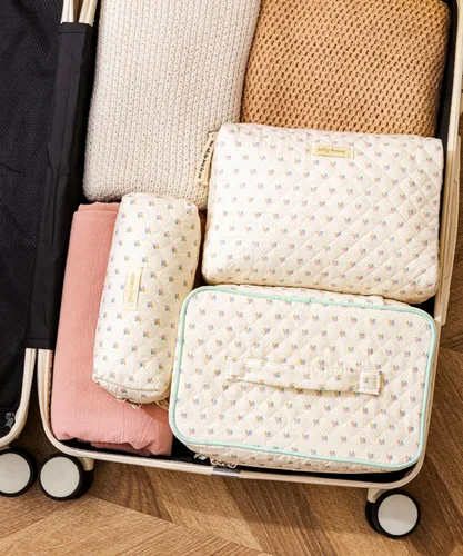Miniatura 3 de HBselect Bolsa de maquillaje acolchada, 3 piezas de algodón grande, bolsa de maquillaje de viaje, bonita bolsa de maquillaje floral de coqueta