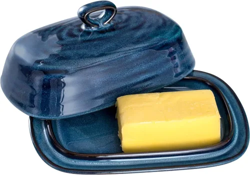 Miniatura 13 de Hasense Mantequillera con tapa para encimera, soporte de mantequilla de cerámica con asa perfecto para mantequilla de las costas este y oeste, Azul