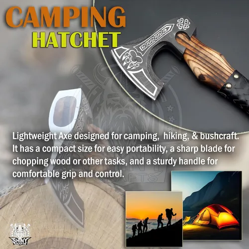 Miniatura 5 de Hacha vikinga decorativa - Regalo único para papá Hoja de acero al carbono con mango de cuero perfecto para bushcraft o exhibición (SCA-16)