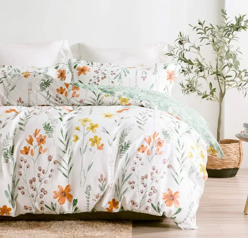Miniatura 43 de SLEEPBELLA Juego de edredón tamaño King, 600 hilos de algodón amarillo y azul damasco con patrón reversible marrón topo, juego de edredón blanco
