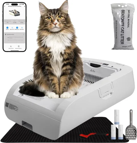 Caja de arena para gatos autolimpiante con control inteligente de aplicación, antipellizcos y sin olor, silenciosa, bolsa de basura gratis, Blanco