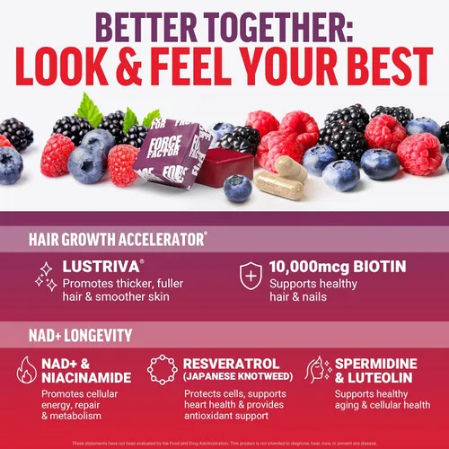 Miniatura 5 de Paquete de FORCE FACTOR NAD+ + Force Factor Hair Growth Accelerator Soft Chews, mezcla de bayas, 60 masticables suaves