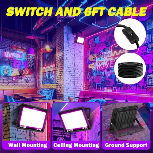 Miniatura 6 de Paquete de 2 luces LED negras de 100 W, IP66, impermeables, para exteriores, con enchufe, interruptor, cable para fiesta de neón fluorescente